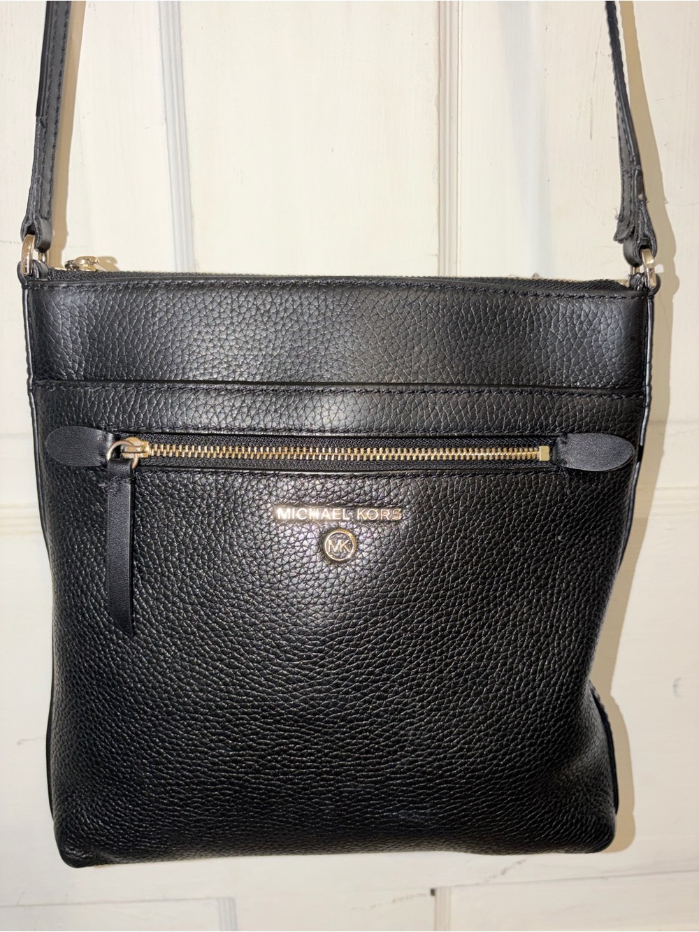 Michael Kors Black Pebbled Leather Crossbody with Gold Accents